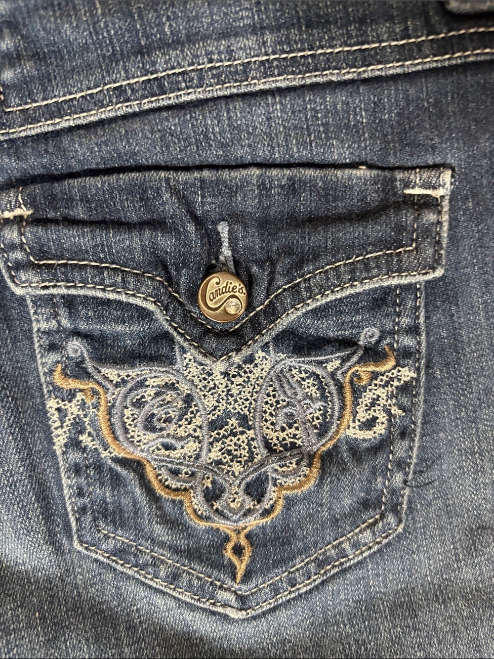 Vtg Candie's Y2K Wide-Leg Denim Capri Jeans 1 Multi Stitch Patch Pocket Coulotte - Picture 12 of 12